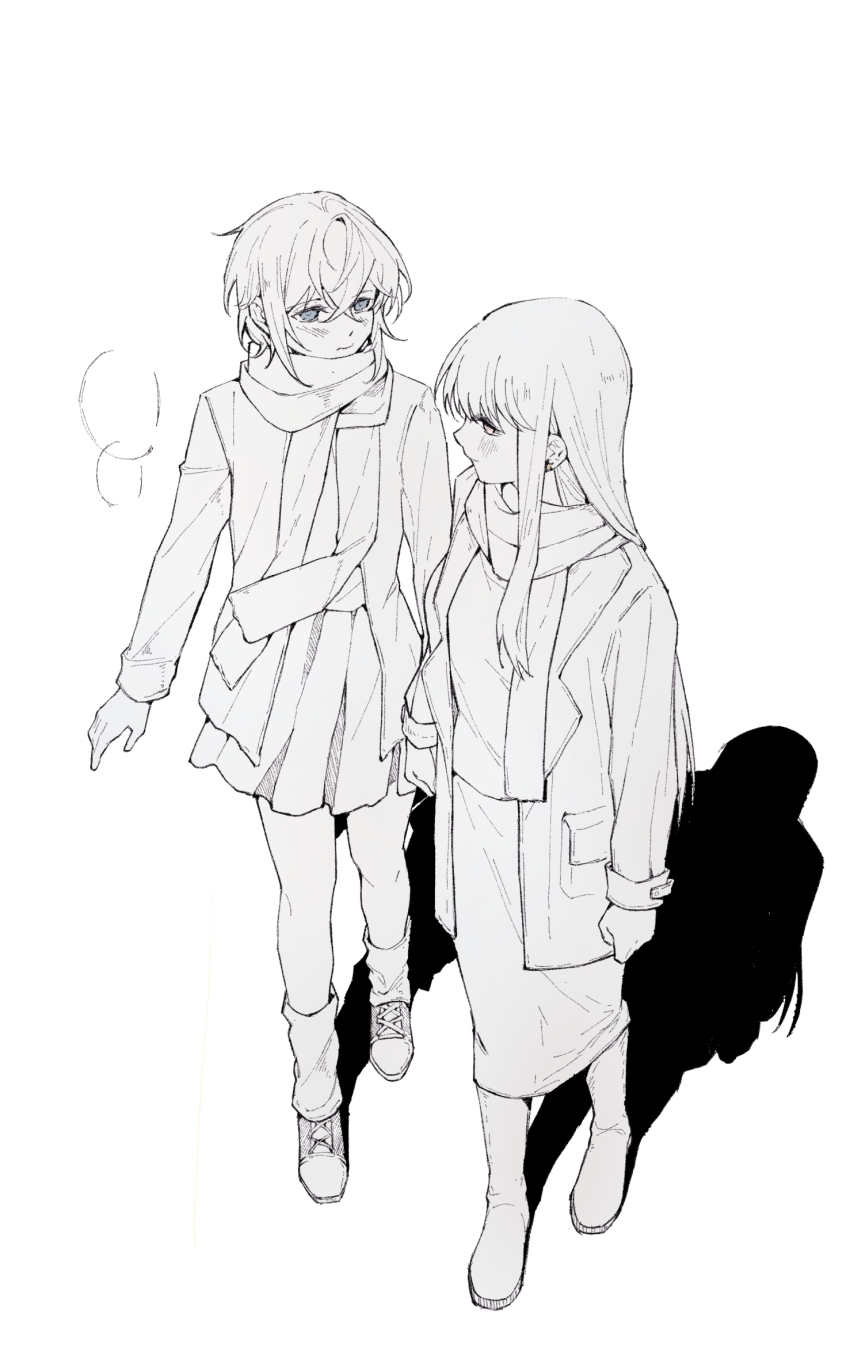 2girls asahina_yuni blush closed_mouth haoxiangkan_nutong highres jacket kyou_wa_kanojo_ga_inai_kara long_hair long_sleeves looking_at_another miniskirt multiple_girls open_clothes open_jacket pleated_skirt scarf shoes skirt socks taki_fuuko yuri