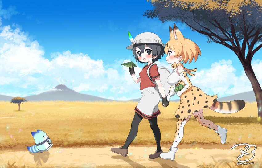 2girls animal_ears animal_print backpack bag black_hair blonde_hair blue_sky blush bow bowtie breasts cloud commission day elbow_gloves extra_ears gloves grass grasslands hat hat_feather helmet highres kaban_(kemono_friends) kemono_friends large_breasts lucky_beast_(kemono_friends) medium_breasts multiple_girls open_mouth orange_bow orange_bowtie outdoors pantyhose pantyhose_under_shorts pith_helmet plain print_bow print_bowtie print_gloves print_skirt ransusan red_shirt sandstar savannah serval_(kemono_friends) shirt short_hair short_sleeves shorts skeb_commission skirt sky sleeveless sleeveless_shirt smile striped_tail tail thighhighs tree two-tone_bow two-tone_bowtie volcano white_bow white_bowtie