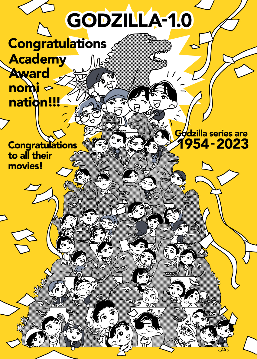 2023 6+boys 6+girls absurdres the_academy_awards akitsu_seiji alien bandaged_head bandages chibi chiro_(uvu_00) congratulations crossover destroy_all_monsters dinosaur earrings english_text eyepatch facial_hair ghidorah,_the_three-headed_monster giant giant_monster glasses glenn_(godzilla) godzilla godzilla&#039;s_revenge godzilla,_mothra_and_king_ghidorah:_giant_monsters_all-out_attack godzilla:_final_wars godzilla:_tokyo_s.o.s. godzilla_(1954) godzilla_(series) godzilla_2000:_millennium godzilla_against_mechagodzilla godzilla_minus_one godzilla_raids_again godzilla_vs._biollante godzilla_vs._destoroyah godzilla_vs._gigan godzilla_vs._hedorah godzilla_vs._king_ghidorah godzilla_vs._mechagodzilla godzilla_vs._mechagodzilla_ii godzilla_vs._megaguirus godzilla_vs._megalon_(1973) godzilla_vs._monster_zero godzilla_vs._mothra godzilla_vs._spacegodzilla godzilla_vs._the_sea_monster hat highres hollywood hoop_earrings jewelry kaiju kayoco_anne_patterson king_kong_(series) king_kong_vs._godzilla mafune_katsura mizushima_shiro monster mothra_vs._godzilla multiple_boys multiple_girls multiple_persona mustache namikawa_(godzilla) noda_kenji odaka_gengo ogashira_hiromi ogata_hideto oishi_noriko otonashi_miyuki ozaki_shinichi saegusa_miki_(godzilla) sea_monster serizawa_daisuke shikishima_koichi shima_machiko shin_godzilla son_of_godzilla tachibana_yuri terror_of_mechagodzilla the_return_of_godzilla toho xilien yaguchi_rando yamane_emiko yamane_kyohei