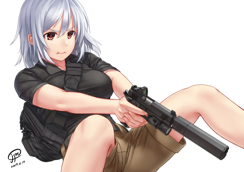 1girl :t backpack bag brown_hair commentary english_commentary female_focus finger_on_trigger flashlight gun handgun holographic_weapon_sight jpc light m1911 medium_hair original osprey_45 pistol polygonal_suppressor reflector_sight shirt shorts sight_(weapon) silver_hair solo suppressor t-shirt tactical_light weapon white_background