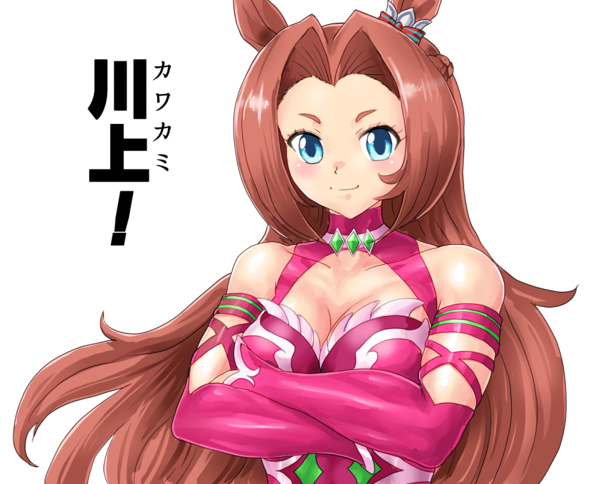 1girl animal_ears bare_shoulders blue_eyes blush breasts brown_hair cleavage closed_mouth collarbone commentary_request crossed_arms detached_sleeves dress ear_ornament horse_ears horse_girl kawakami_princess_(umamusume) large_breasts long_hair looking_at_viewer parted_bangs pink_dress pink_sleeves sidelocks simple_background sleeveless sleeveless_dress smile solo standing toren_chi translation_request umamusume upper_body white_background