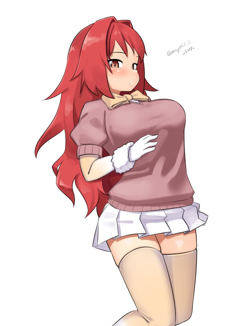 1girl absurdres alternate_costume bow bowtie breasts brown_sweater cosplay dated feet_out_of_frame fennec_(kemono_friends) fennec_(kemono_friends)_(cosplay) grey_thighhighs highres kantai_collection kemono_friends large_breasts long_hair maru_(marg0613) phoenix_(kancolle) pleated_skirt red_eyes red_hair short-sleeved_sweater short_sleeves skirt solo sweater thighhighs twitter_username white_skirt yellow_bow yellow_bowtie