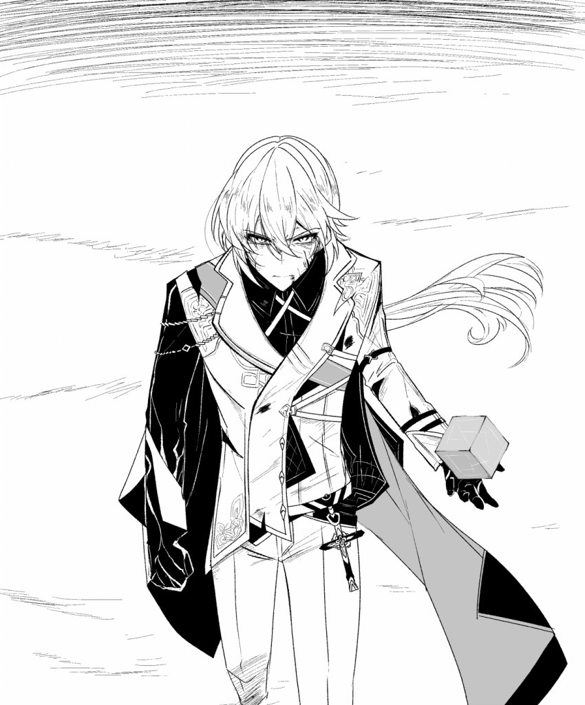 1boy cube floating_hair from_above gloves greyscale hair_between_eyes highres holding honkai_(series) honkai_impact_3rd injury jacket long_hair male_focus monochrome nabeiro_kin otto_apocalypse pants ponytail serious void_archives