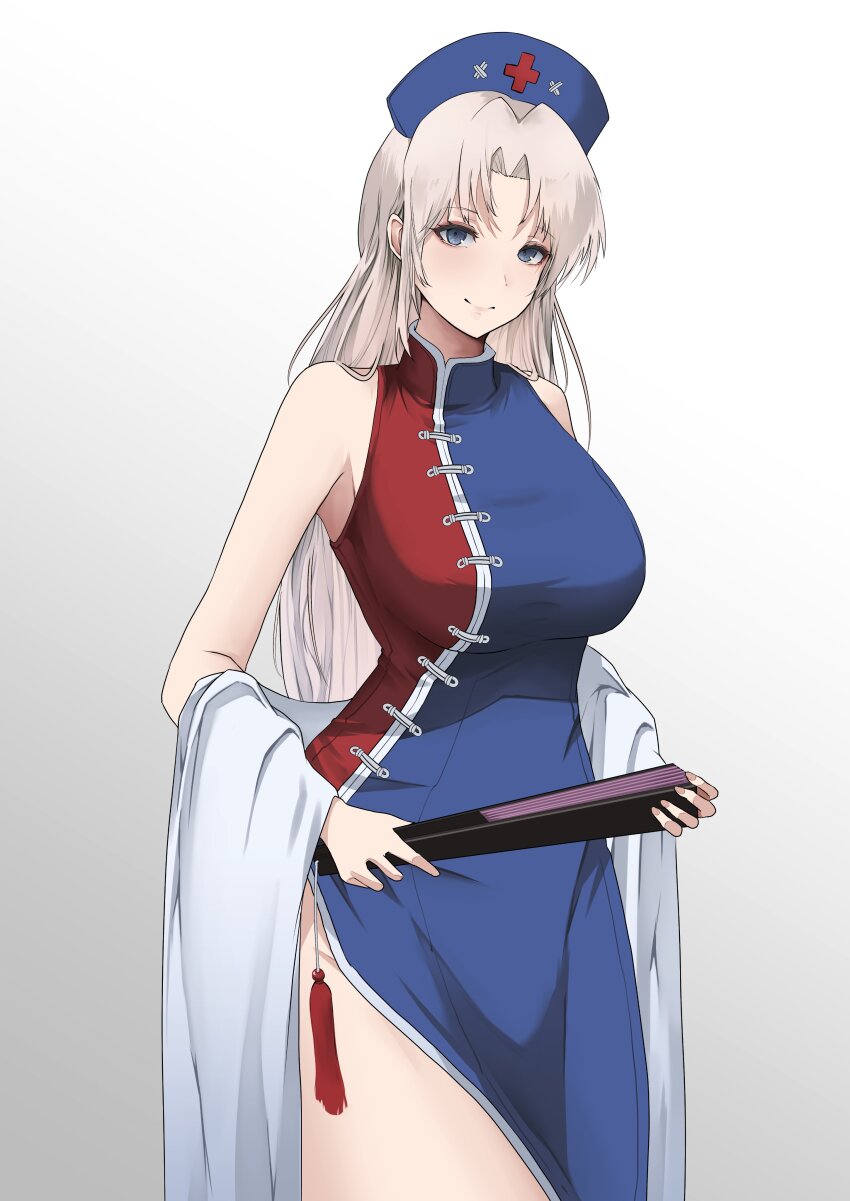 1girl absurdres adapted_costume blue_eyes braid breasts china_dress chinese_clothes constellation_print cross dress folded_fan folding_fan gradient_background grey_background grey_hair hand_fan hat highres holding holding_fan large_breasts long_hair looking_at_viewer multicolored_dress nurse_cap paper_fan red_cross shawl sleeveless sleeveless_dress smile solo touhou trigram two-tone_dress very_long_hair yagokoro_eirin yagoro_kusuriya