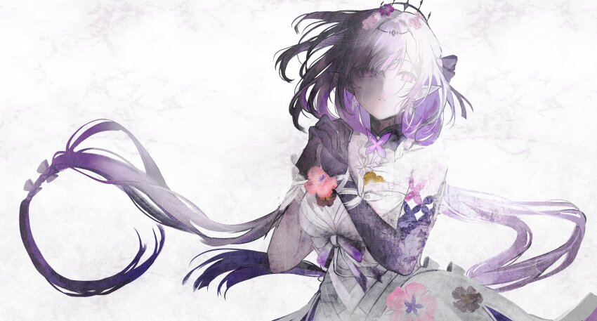 1girl absurdres bare_shoulders bow bug butterfly castorice_(honkai:_star_rail) crown flower hair_flower hair_ornament highres honkai:_star_rail honkai_(series) insect long_hair own_hands_together poursuu purple_hands ribbon white_background white_bow white_hair