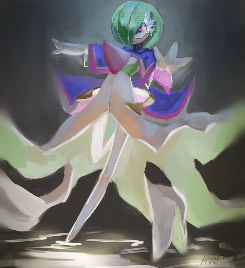 absurdres austinarts bob_cut capelet colored_skin dress gardevoir gardevoir_(sacred) gen_3_pokemon green_hair green_skin grey_background hair_over_one_eye highres monocle multicolored_skin nintendo pokemon pokemon_(creature) pokemon_unite purple_capelet purple_eyes signature two-tone_skin waist_cape white_dress white_skin
