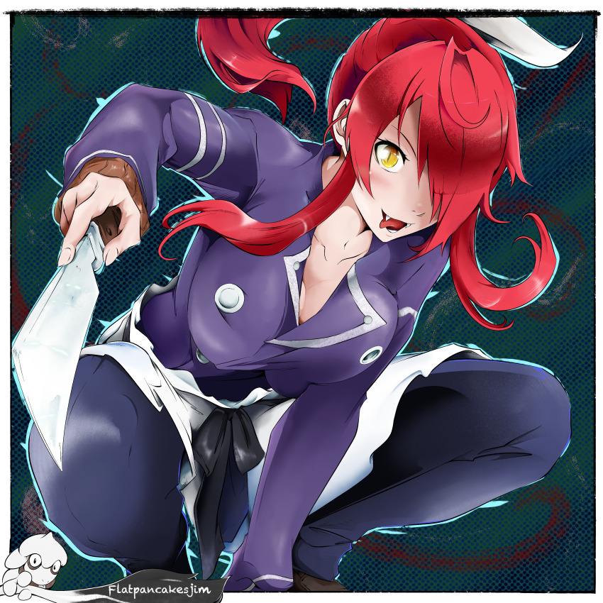 absurdres breasts cleavage fangs flatpancakesjim hair_over_one_eye highres kitchen_knife knife kobayashi_rindou large_breasts long_hair looking_at_viewer ponytail red_hair shokugeki_no_souma simple_background squatting tongue tongue_out