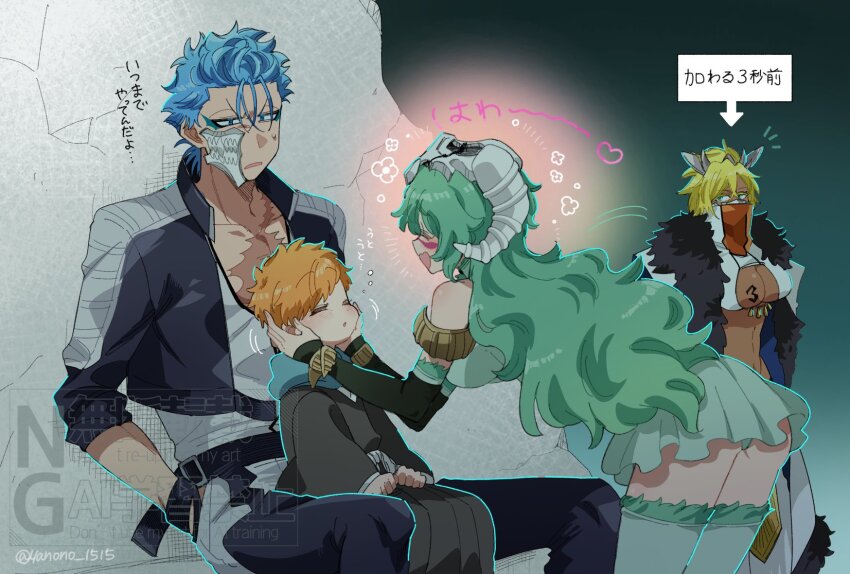 2boys 2girls bleach bleach:_jigoku-hen blonde_hair blue_eyes blue_hair breasts cleavage espada green_eyes green_hair grimmjow_jaegerjaquez kurosaki_kazui large_breasts long_hair midriff multiple_boys multiple_girls navel nelliel_tu_odelschwanck orange_hair skirt thighhighs tier_harribel yanono_015