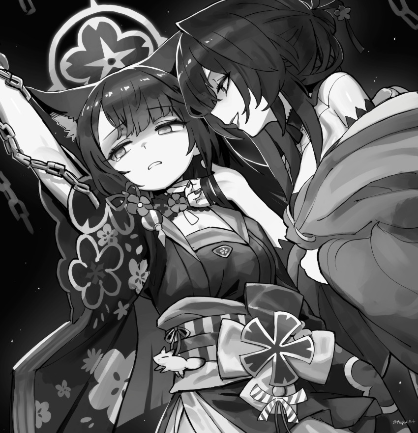 2girls absurdres abuse animal_ears bare_shoulders bdsm blue_archive bondage bound chain chained choker femdom floral_print fox_ears greyscale hair_bun halo hand_on_another&#039;s_chin hepari highres japanese_clothes kimono kokuriko_(blue_archive) looking_at_another looking_to_the_side monochrome multiple_girls naughty_face obi profile sash sepia stroking_another&#039;s_chin wakamo_(blue_archive) yuri