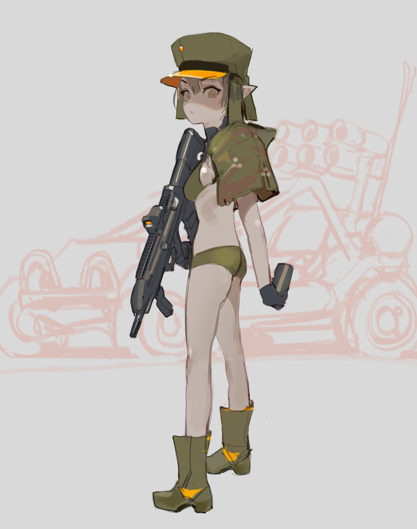 1girl absurdres bikini black_gloves breasts bullpup dune_buggy elf gloves green_bikini green_footwear green_jacket gun hat highres holding holding_magazine jacket magazine_(object) military_hat military_jacket military_uniform military_vehicle multishot_rocket_launcher original pointy_ears polilla rocket_launcher solo_focus swimsuit weapon