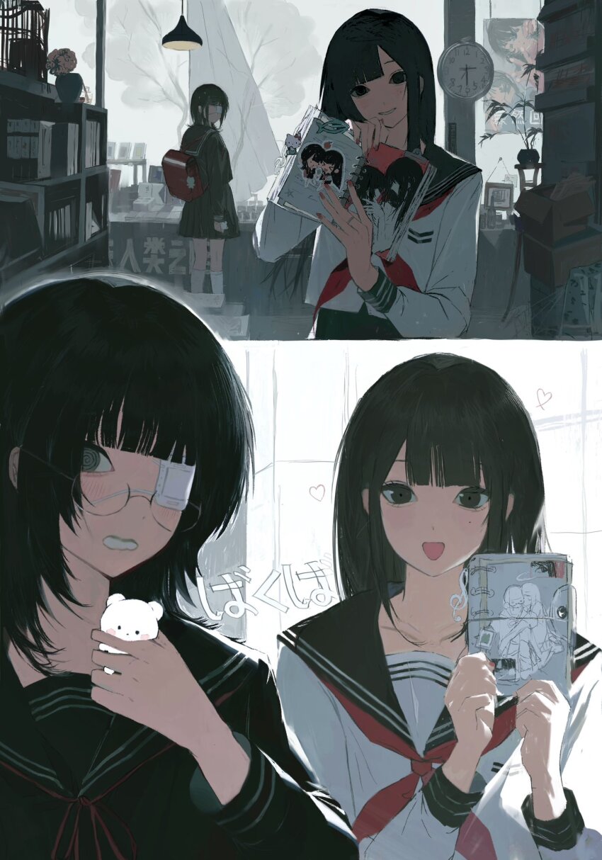 2girls @_@ backpack bag black_eyes black_hair black_sailor_collar black_serafuku black_shirt black_skirt blush chinese_commentary clock commentary_request eyepatch glasses grey_eyes heart hello_kitty hello_kitty_(character) highres jewelry kneehighs long_sleeves mole mole_under_eye multiple_girls nail_polish neckerchief notebook open_mouth original pleated_skirt red_bag red_nails red_neckerchief ring sailor_collar sanrio school_uniform serafuku shelf shirt shuishuisama silk skirt socks spider_web white_shirt white_socks yuri_(object)