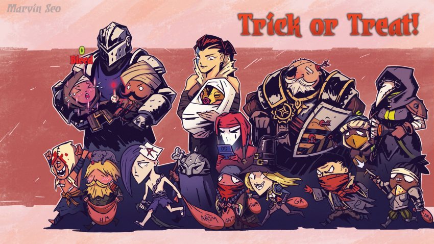3girls 6+boys abomination_(darkest_dungeon) antibody_(darkest_dungeon) antiquarian_(darkest_dungeon) arbalest_(darkest_dungeon) armor artist_name ascot banjo black_hair blush_stickers boots bounty_hunter_(darkest_dungeon) bow_(weapon) breastplate breasts campfire candle canteen carriage chain coat commentary crossbow crusader_(darkest_dungeon) cultist_priest_(darkest_dungeon) dark darkest_dungeon drinking elbow_gloves english_commentary epaulettes faceless faceless_male flagellant_(darkest_dungeon) flail flesh_hound_(darkest_dungeon) gloves gold_trim hat headscarf heart_of_darkness_(darkest_dungeon) hellion_(darkest_dungeon) helmet highres holding holding_sword holding_weapon holding_whip hood hooded_robe horse ibrahem_swaid indoors instrument jester jester_(darkest_dungeon) jester_cap jewelry leech leper_(darkest_dungeon) lorenzo_nuti marvin_seo mask medium_breasts monster multiple_boys multiple_girls necklace nipples plague_doctor_(darkest_dungeon) plague_doctor_mask polyp_(darkest_dungeon) pot red_hair robe scar scene_reference shambler_(darkest_dungeon) shoulder_spikes sitting skull spikes standing sword templar_sniper_(darkest_dungeon) templar_warlord_(darkest_dungeon) the_caretaker_(darkest_dungeon) the_heir_(darkest_dungeon) thigh_strap two-handed varamill vestal_(darkest_dungeon) watermark weapon