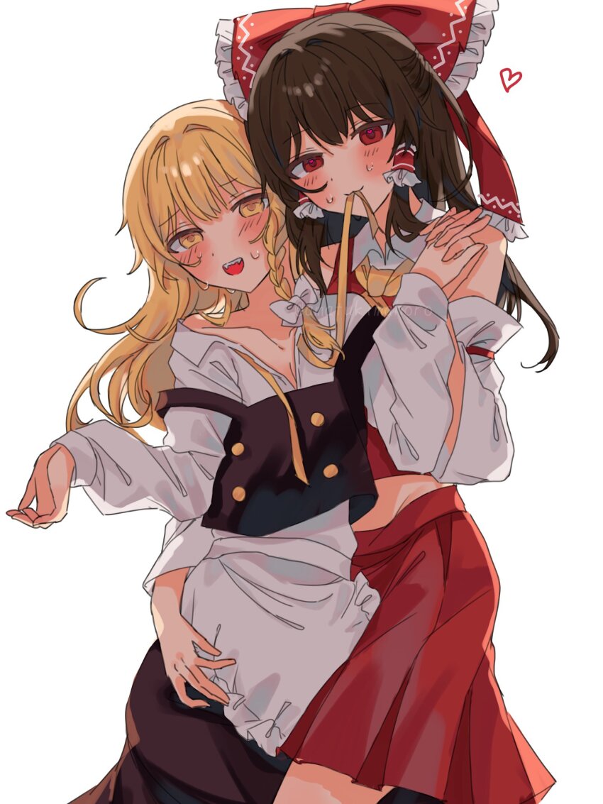 2girls amatukimahoro apron ascot black_skirt black_vest blonde_hair bow braid breasts brown_hair cleavage collared_shirt cowboy_shot detached_sleeves frilled_bow frilled_hair_tubes frills hair_bow hair_tubes hakurei_reimu heart heart_in_eye highres holding_hands interlocked_fingers kirisame_marisa long_hair long_sleeves looking_at_viewer mouth_hold multiple_girls no_headwear open_mouth red_bow red_eyes red_shirt red_skirt ribbon shirt side_braid simple_background single_braid skirt sleeveless sleeveless_shirt symbol_in_eye touhou vest white_apron white_background white_bow white_shirt white_sleeves yellow_ascot yellow_eyes yellow_ribbon yuri