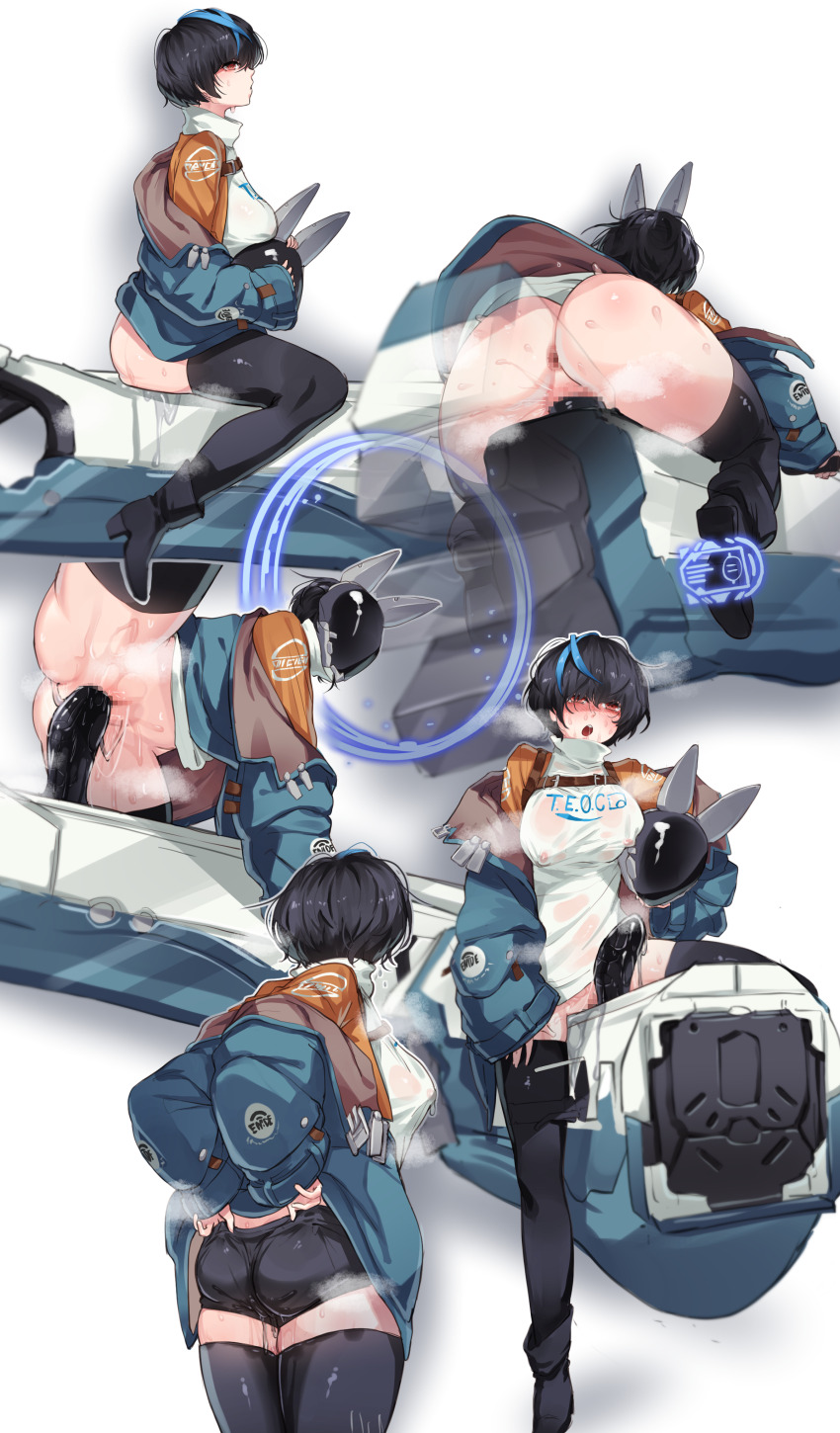 1girl absurdres anus ass bike_shorts black_hair black_thighhighs blue_hair blue_jacket blue_streaks breasts censored dildo dildo_riding guilty_gear guilty_gear_strive harness highres jacket mocomori mosaic_censoring motor_vehicle motorcycle multicolored_hair object_insertion on_motorcycle open_clothes open_jacket orange_jacket pussy_juice red_eyes sex_toy short_hair streaked_hair thighhighs turtleneck unika_(guilty_gear) vaginal vaginal_object_insertion