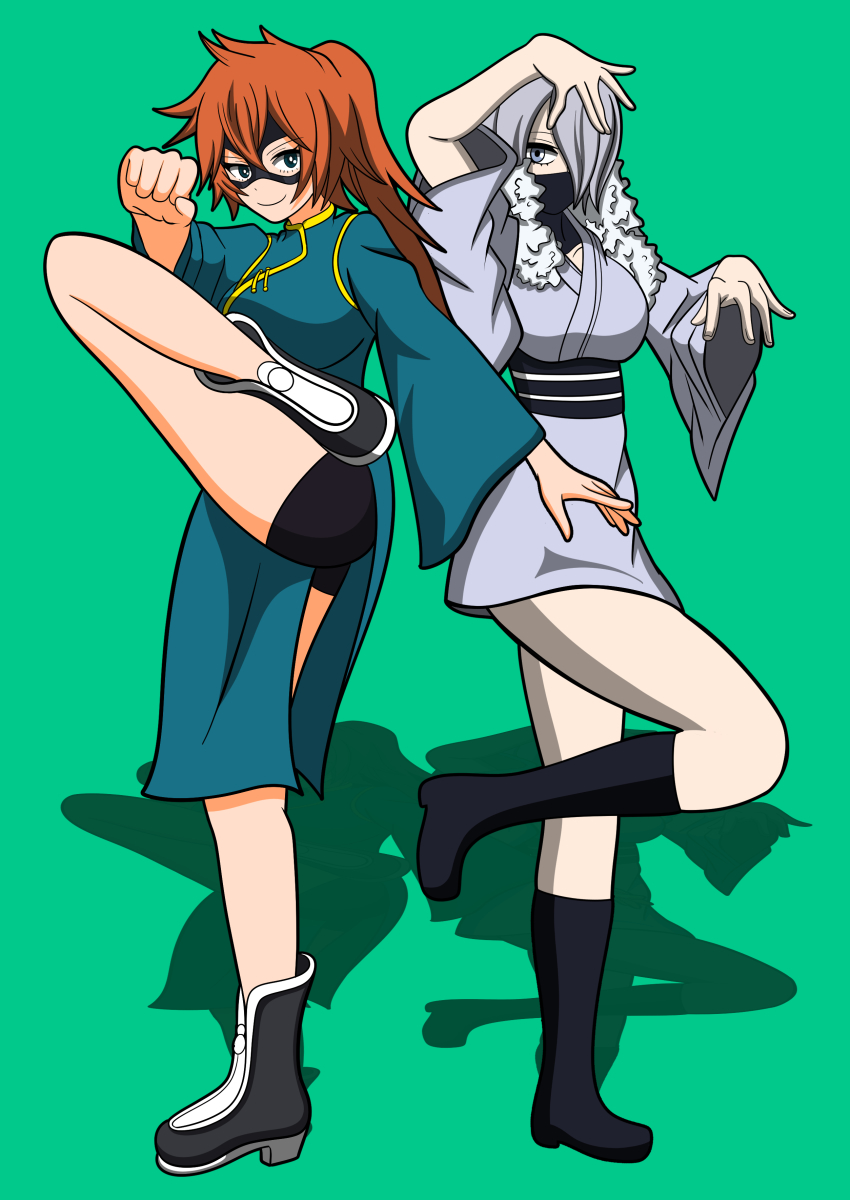 2girls absurdres ahoge artist_request asymmetrical_bangs black_sash boku_no_hero_academia boots breasts chinese_clothes cleavage clenched_hand domino_mask expressionless eyelashes female_focus fighting_stance fingernails full_body fur_collar ghost_pose green_background grey_eyes grey_kimono hair_between_eyes hair_over_one_eye hands_up highres japanese_clothes kendou_itsuka kimono knee_boots leg_up legs long_hair looking_at_viewer mask matching_hair/eyes medium_breasts medium_hair mouth_mask multiple_girls neck obi orange_hair outstretched_arms pale_skin ponytail sash short_kimono short_shorts shorts sidelocks silver_hair simple_background standing standing_on_one_leg superhero_costume thighs traditional_clothes wide_sleeves yanagi_reiko