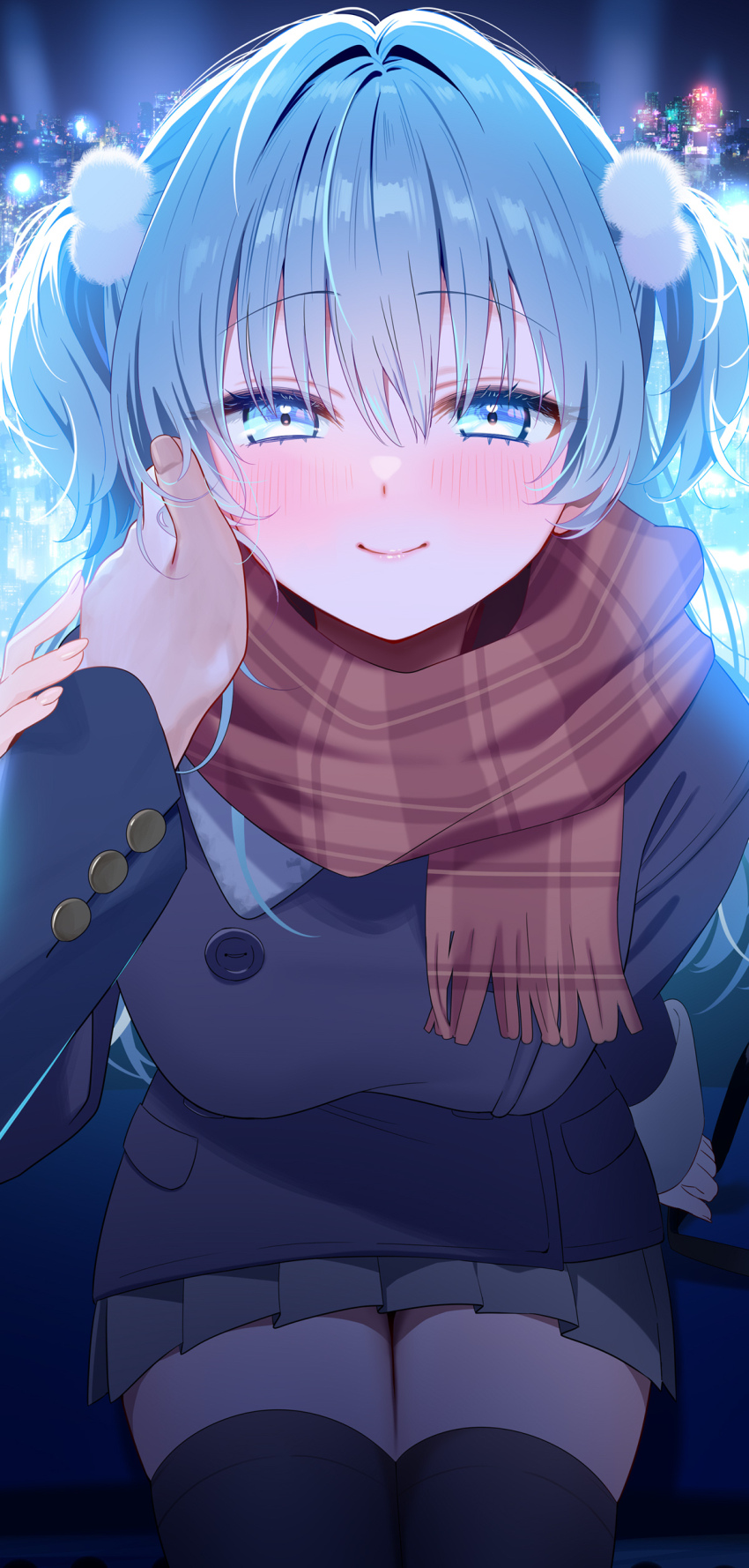 1girl 1other absurdres black_coat black_thighhighs blue_eyes blue_hair blush coat commentary_request hair_ornament hand_on_another&#039;s_face highres original piyopoyo pom_pom_(clothes) pom_pom_hair_ornament pov pov_hands red_scarf scarf short_twintails smile thighhighs thighs twintails zettai_ryouiki