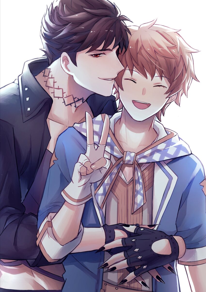 2boys belial_(granblue_fantasy) black_gloves black_hair black_jacket black_nails blue_jacket brown_hair fingerless_gloves gloves gran_(granblue_fantasy) granblue_fantasy hat highres hug hug_from_behind jacket kimi_to_boku_no_mirai kishire0324 male_focus multiple_boys neck_tattoo official_alternate_costume open_clothes open_jacket open_mouth short_hair smile tattoo upper_body v white_gloves yaoi