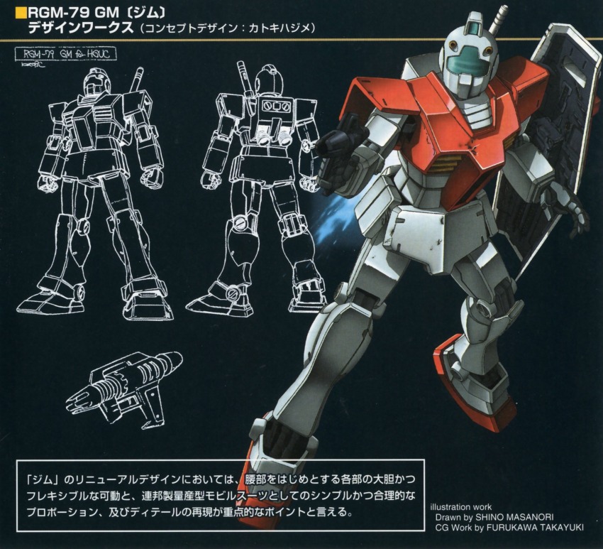 1980s_(style) absurdres aiming back beam_rifle blue_visor character_name earth_federation energy_gun gm_(mobile_suit) gun gundam gundam_perfect_file highres lineart machine_gun machinery mecha mecha_focus mobile_suit mobile_suit_gundam multiple_views official_art oldschool promotional_art retro_artstyle robot scan shield shino_masanori signature thrusters traditional_media translation_request weapon