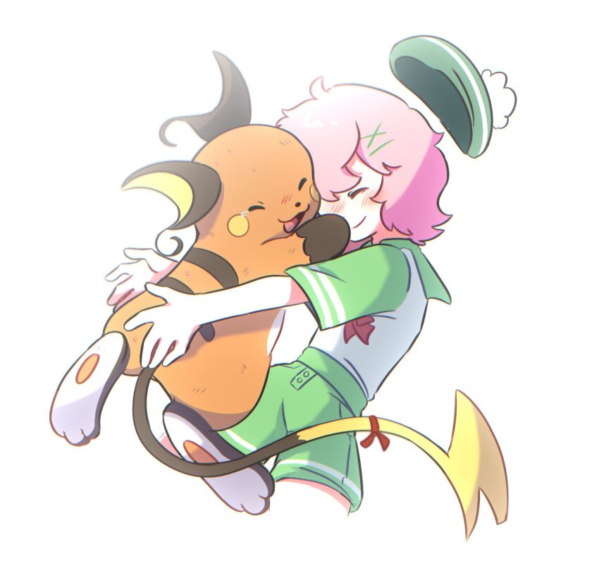 1girl closed_eyes commentary_request gen_1_pokemon green_hat green_sailor_collar green_shorts hair_ornament hairpin hat highres hug ni12345670 nintendo original pink_hair pokemon pokemon_(creature) raichu sailor_collar sailor_shirt shirt shorts smile tam_o&#039;_shanter x_hair_ornament