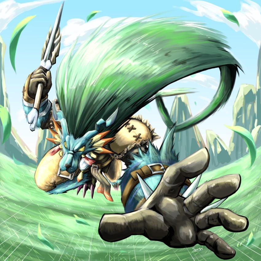 1boy artist_request attack blue_sky digimon digimon_(creature) emphasis_lines grass highres holding holding_weapon incoming_attack jumping long_hair looking_at_viewer mask mercurymon monster_boy muscular olympos_xii pectorals shaman sky weapon wolf_mask