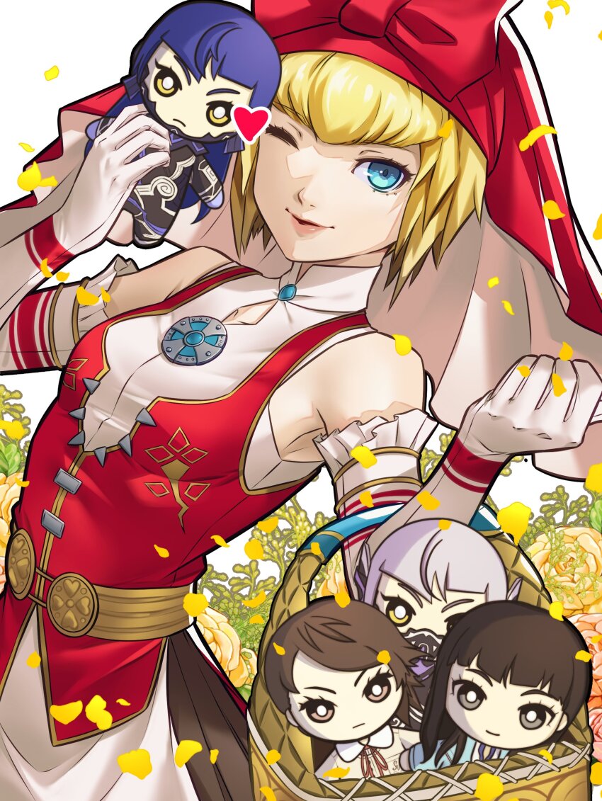1girl absurdres artist_collaboration artist_request bare_shoulders basket blonde_hair blue_eyes character_doll closed_mouth commentary doll elbow_gloves english_commentary gloves heart highres hiromine_yoko holding holding_basket idunn_(megami_tensei) isonokami_tao lips looking_at_viewer one_eye_closed petals pink_lips protagonist_(smtv) shin_megami_tensei shin_megami_tensei_v shin_megami_tensei_v:_vengeance short_hair smile solo wanderstillart white_gloves