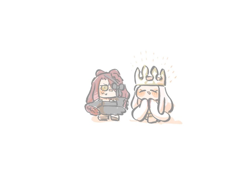 2girls black_dress chibi chibi_only crown dress dress_of_heaven fate/grand_order fate_(series) highres irisviel_von_einzbern irisviel_von_einzbern_(caster) long_hair multiple_girls red_hair smile sweat typhon_ephemeros_(fate) typhon_ephemeros_(second_ascension)_(fate) umeyama_(ume22ke) white_hair wide_sleeves yellow_eyes