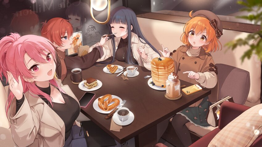 4girls ^_^ alternate_costume blueberry breasts casual cellphone cleavage cleavage_cutout closed_eyes clothing_cutout coffee coffee_mug counting cup disposable_cup eating feeding food fruit glass green_hair highres idolmaster idolmaster_million_live! idolmaster_million_live!_theater_days julia_(idolmaster) kitakami_reika large_breasts looking_at_another looking_at_food looking_at_viewer maihama_ayumu maple_syrup mug multiple_girls nys orange_hair pancake pancake_stack phone pink_hair pretzel reflection restaurant saucer sitting teacup tiramisu v-neck waffle yabuki_kana