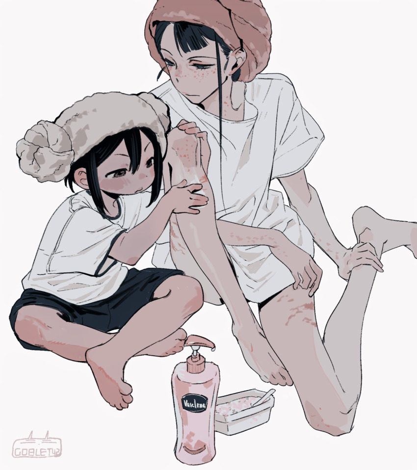 2girls artist_name asakusa_midori asymmetrical_bangs barefoot black_hair commentary eizouken_ni_wa_te_wo_dasu_na! freckles goblet_42 hand_on_another&#039;s_leg highres kanamori_sayaka lotion_bottle multiple_girls shirt shorts simple_background stretch_marks towel towel_on_head white_background white_shirt
