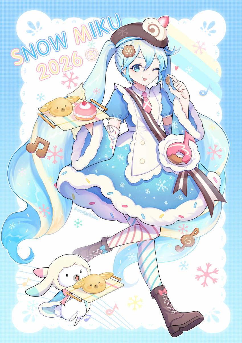 1girl :3 :p absurdres apron artist_name asymmetrical_legwear bag beret blue_dress blue_eyes boots bow bread brown_boots brown_hat buttons cape cherry commentary cookie cookie_hair_ornament detached_sleeves diagonal-striped_legwear dress english_text food food-themed_hair_ornament food-themed_hat_ornament footwear_bow fruit full_body fur-trimmed_cape fur_trim hair_between_eyes hair_ornament hands_up hat hat_ornament hat_ribbon hatsune_miku highres holding holding_cookie holding_food holding_tray lace lace-up_boots long_hair mismatched_legwear multicolored_hair musical_note musical_staff necktie pantyhose pastry plaid_background powderblue_lan puffy_short_sleeves puffy_sleeves rabbit rabbit_yukine ribbon short_necktie short_sleeves snowflake_print snowflakes solo sprinkles streaked_hair striped_clothes striped_pantyhose tongue tongue_out tray twintails very_long_hair vocaloid walking white_apron wide_sleeves yuki_miku yuki_miku_(2026)_(candidate_no.5)