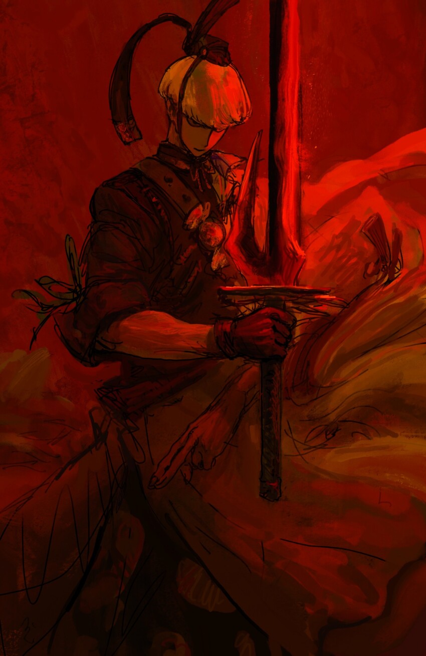 1boy absurdres bowl_cut closed_eyes fate/grand_order fate_(series) feet_out_of_frame gloves glowing glowing_sword glowing_weapon grey_hair highres holding holding_sword holding_weapon igote large_hands male_focus noble_phantasm_(fate) oku_(2964_okn) painterly red_theme short_hair solo sword watanabe_no_tsuna_(fate) weapon