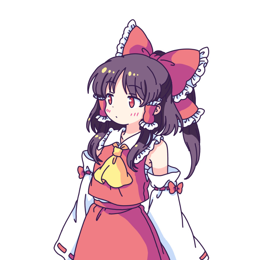 1girl absurdres ascot blush bow brown_hair closed_mouth commentary detached_sleeves english_commentary frilled_bow frilled_hair_tubes frills hair_bow hair_tubes hakurei_reimu highres long_hair pioartstuff ponytail red_bow red_eyes red_skirt ribbon-trimmed_sleeves ribbon_trim skirt skirt_set solo touhou yellow_ascot