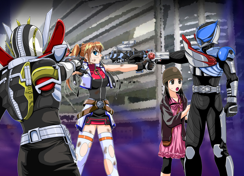 00s 2boys 2girls armor blue_eyes brown_hair crossover dirty dirty_clothes gon gon_(kamen_rider_kabuto) gun helmet highres kamen_rider kamen_rider_den-o kamen_rider_den-o_(series) kamen_rider_drake kamen_rider_kabuto_(series) leggings lyrical_nanoha mahou_shoujo_lyrical_nanoha_strikers multiple_boys multiple_girls ryutaros socks tarisa teana_lanster thighhighs weapon
