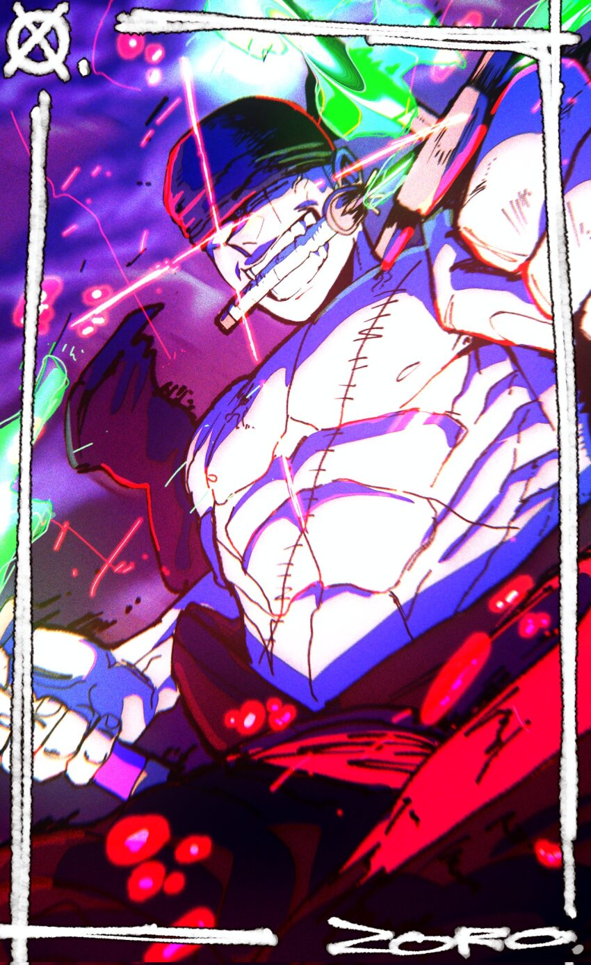 1boy abs bandana border cowboy_shot earrings fighting_stance from_below glowing glowing_eye green_hair grin highres holding holding_sword holding_weapon jewelry male_focus nipples one_piece ornate_border roronoa_zoro scar scar_across_eye scar_on_face short_hair smile solo sword triple_wielding weapon xoskxtch