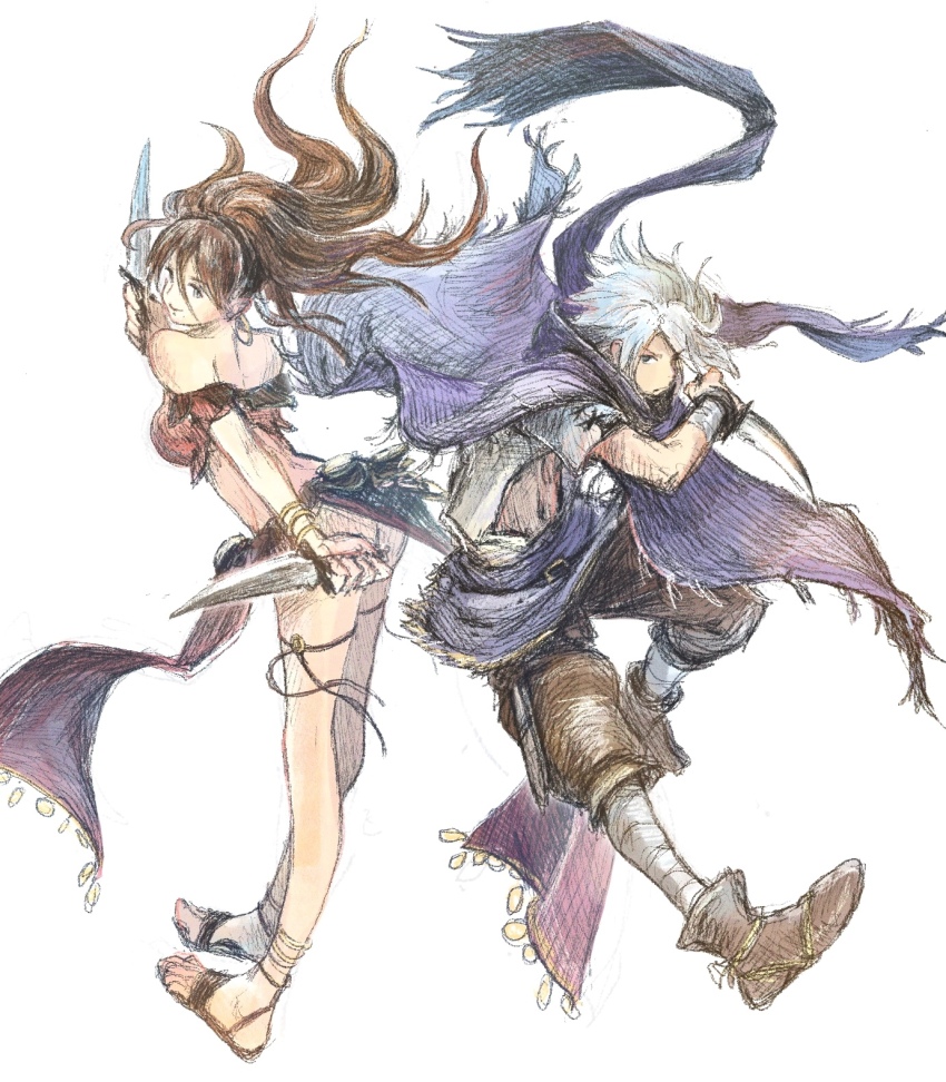 1boy 1girl ass bandaged_arm bandaged_leg bandages boots brown_boots brown_hair brown_pants brown_sandals commentary_request cropped_shirt crosshatching dagger dancer dual_wielding earrings floating_clothes floating_hair gold_anklet gold_earrings green_eyes hair_over_one_eye hatching_(texture) highres holding holding_dagger holding_knife holding_weapon hoop_earrings jewelry knife lace-up_sleeves looking_to_the_side mole mole_under_mouth octopath_traveler octopath_traveler_i off_shoulder open_clothes open_shirt pantaloons pants pelvic_curtain poncho ponytail primrose_azelhart purple_poncho purple_scarf qqqqqli red_shirt sandals scarf shirt short_hair smile therion_(octopath_traveler) thigh_strap trait_connection weapon white_background white_hair white_shirt