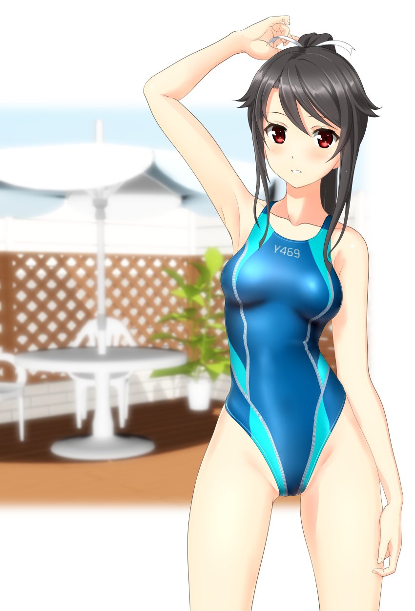 1girl absurdres beach_umbrella black_hair blue_one-piece_swimsuit blurry breasts chair commentary_request competition_swimsuit cowboy_shot depth_of_field fence hair_ribbon high_school_fleet highleg highleg_one-piece_swimsuit highres large_variant_set long_hair looking_at_viewer multicolored_swimsuit munetani_mashiro one-piece_swimsuit parted_lips ponytail red_eyes ribbon small_breasts solo standing swimsuit table takafumi umbrella variant_set white_ribbon