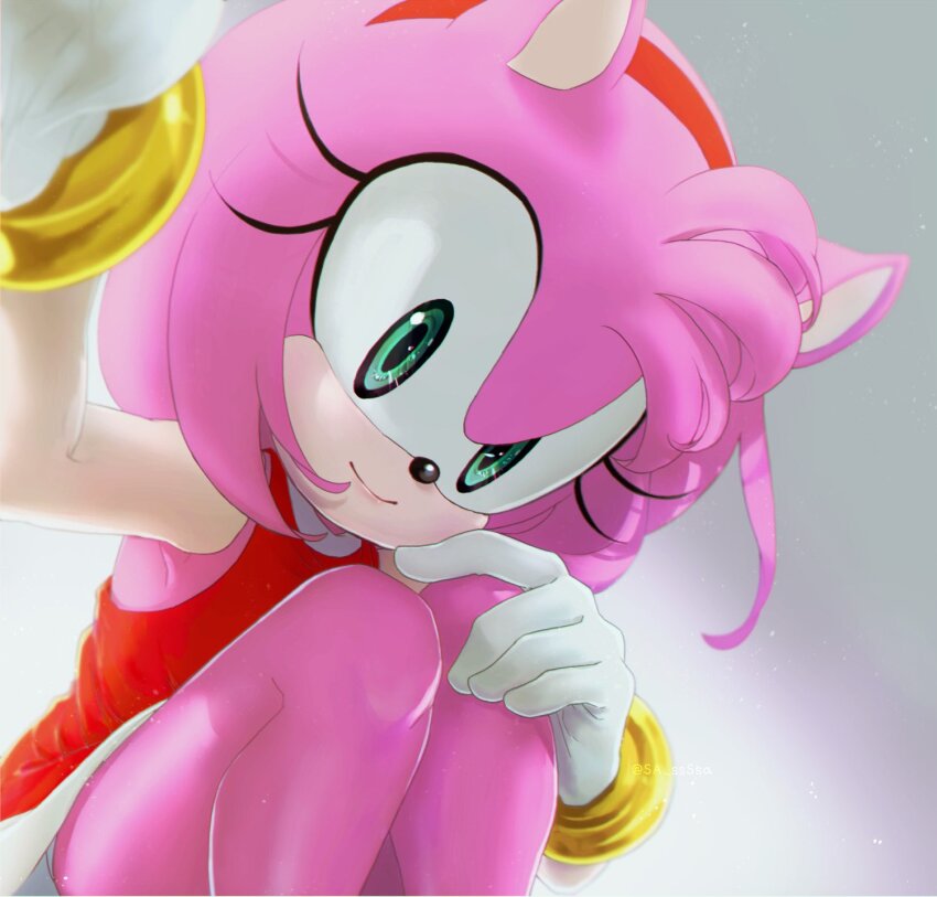 amy_rose armpits bare_legs bent_over bracelet camera dress eyelashes fur gloves green_eyes hairband highres holding holding_camera jewelry kneeling knees konjiki_ringo legs looking_at_viewer medium_hair multicolored_hair panties pink_fur pink_hair pov sa_ssssa sega sleeveless sleeveless_dress smile sonic_(series) two-tone_fur two-tone_hair underwear