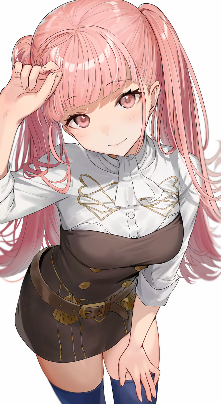 1girl artist_name belt blue_thighhighs blunt_bangs breasts buttons fire_emblem fire_emblem:_three_houses garreg_mach_monastery_uniform hand_in_own_hair haru_(nakajou-28) highres hilda_valentine_goneril leaning_forward light_blush long_hair looking_at_viewer medium_breasts necktie nintendo pink_eyes pink_hair sleeves_rolled_up smile solo standing thighhighs thighs twintails white_background zettai_ryouiki