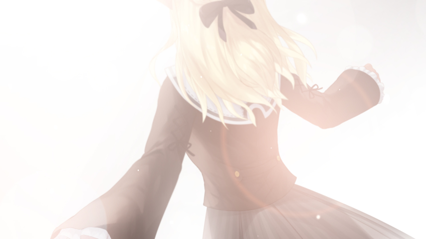 1girl bad_id bad_pixiv_id black_bow black_jacket blonde_hair bow cait_aron facing_away frilled_sleeves frills from_behind grey_skirt hair_bow highres hololive jacket long_hair long_sleeves pleated_skirt shiranui_flare shiranui_flare_(street) skirt solo striped_clothes striped_skirt vertical-striped_clothes vertical-striped_skirt virtual_youtuber