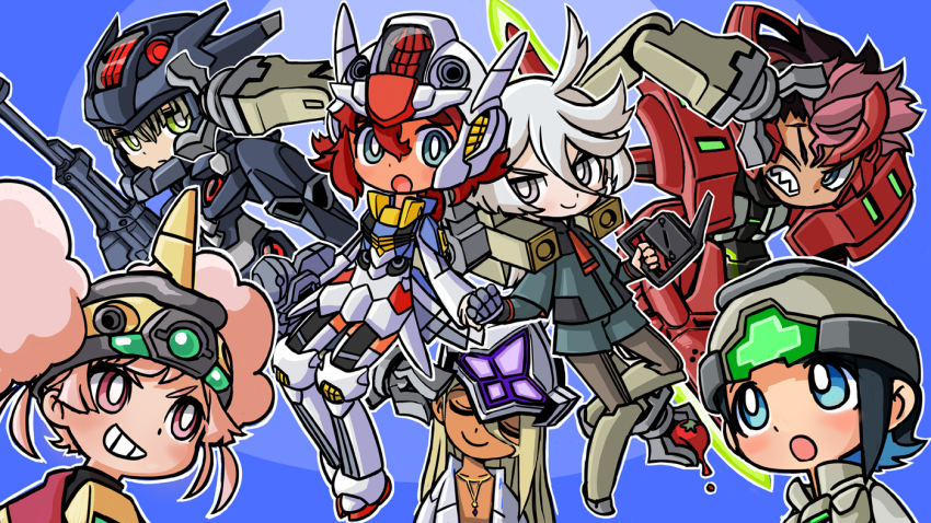 3boys 4girls :o black_hair black_pantyhose blue_eyes bright_pupils brown_eyes brown_hair chuatury_panlunch chuchu&#039;s_demi_trainer chuchu&#039;s_demi_trainer_(cosplay) cosplay darilbalde darilbalde_(cosplay) demi_trainer demi_trainer_(cosplay) elan_ceres end_card green_eyes green_hair green_jacket green_shorts grey_eyes grey_hair guel_jeturk gun gundam gundam_aerial gundam_aerial_(cosplay) gundam_pharact gundam_pharact_(cosplay) gundam_suisei_no_majo hair_behind_ear head_tilt helmet holding holding_another&#039;s_arm holding_gun holding_weapon izuna_yoshitsune jacket mecha_danshi mecha_musume michaelis_(mobile_suit) michaelis_(mobile_suit)_(cosplay) miorine_rembran multicolored_hair multiple_boys multiple_girls nika_nanaura official_art one_eye_closed pantyhose parted_lips pink_eyes pink_hair shaddiq_zenelli short_hair shorts smile suletta_mercury tomato two-tone_hair weapon white_jacket white_pupils