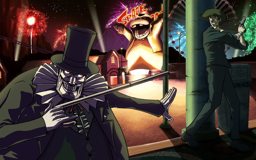 1990s_(style) 2boys aerial_fireworks amusement_park bandages cane cane_gun clown corey_miller cowboy_bebop fireworks gloves gun handgun hat hippopotamus iwi_jericho_941 mad_pierrot male_focus multiple_boys neck_ruff night pierrot_le_fou pinky_out pistol retro_artstyle smile spike_spiegel top_hat weapon