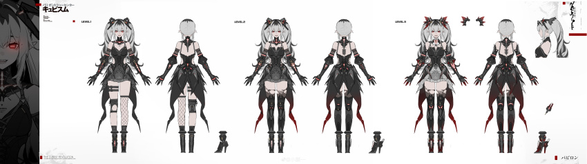1girl absurdres black_hair chinese_commentary gauntlets grey_hair hachisan highres incredibly_absurdres jetavie_(pgr) multiple_views punishing:_gray_raven red_eyes reference_sheet symbol-shaped_pupils turnaround twintails