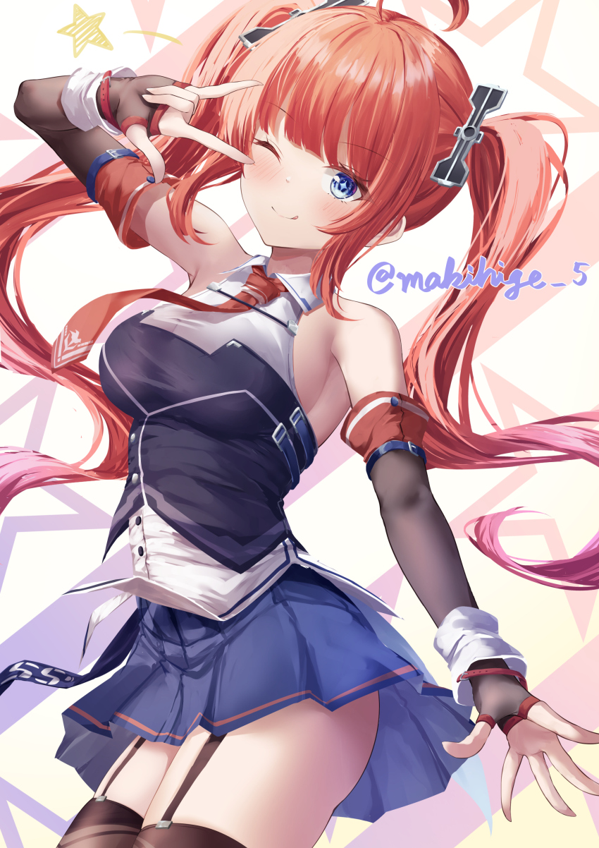 1girl \m/ absurdres ahoge artist_name azur_lane blue_skirt brown_garter_straps brown_thighhighs collared_shirt cowboy_shot elbow_gloves fingerless_gloves gloves highres long_hair makihige miniskirt necktie one_eye_closed pleated_skirt red_hair red_necktie san_diego_(azur_lane) san_diego_(retrofit)_(azur_lane) shirt skirt solo thighhighs twintails very_long_hair
