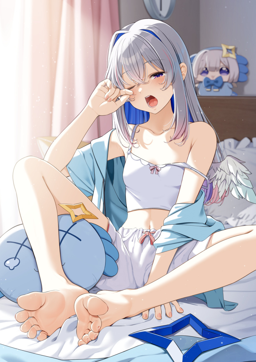1girl amane_kanata angel_wings barefoot blue_hair blue_jacket blue_wings blurry blurry_background camisole casino_(casinoep) colored_inner_hair commentary commentary_request crop_top curtains english_commentary feathered_wings feet full_body gradient_wings grey_hair highres hololive indoors jacket jacket_partially_removed light_particles long_hair midriff mini_wings mixed-language_commentary multicolored_hair multicolored_wings navel on_bed one_eye_closed open_mouth paid_reward_available pillow pink_hair purple_eyes shorts single_hair_intake sitting soles solo strap_slip teeth toes tongue upao_(amane_kanata) upper_teeth_only virtual_youtuber white_camisole white_shorts white_wings wings yawning