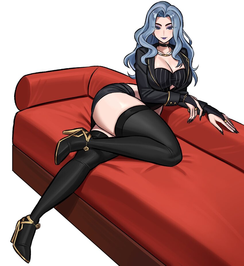 1girl absurdres black_choker black_nails blue_eyes blue_hair breasts bridal_gauntlets choker cleavage couch fingernails high_heels highres jacket leg_up long_hair looking_at_viewer on_couch open_clothes open_jacket original sharp_fingernails thighhighs zeon_(zzeeonn)