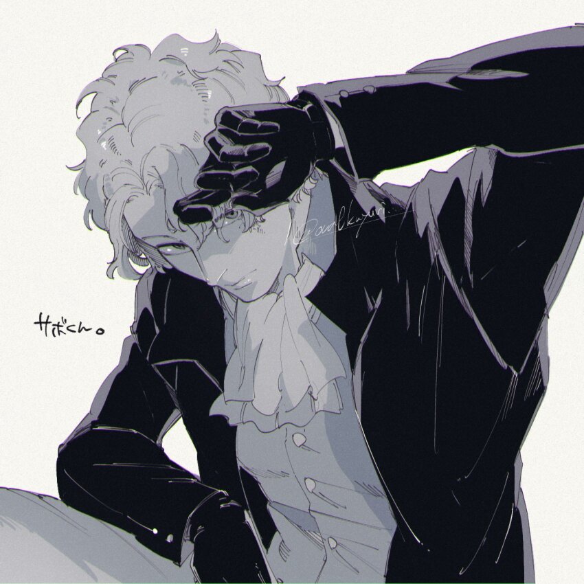1boy ascot closed_mouth coat collared_shirt gloves greyscale highres looking_at_viewer male_focus monochrome one_piece ovasayuri sabo_(one_piece) shirt short_hair simple_background solo twitter_username upper_body