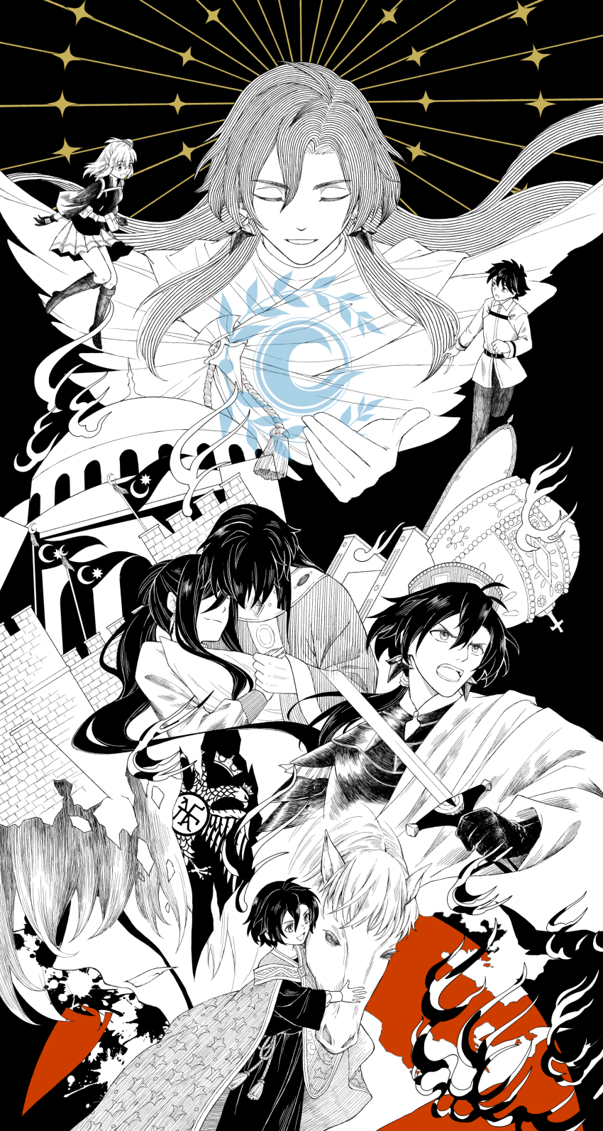 2boys 2girls :d absurdres age_progression armor black_background blood blood_on_face blood_splatter boots byzantine_empire chaldea_logo clenched_teeth cloak closed_eyes closed_mouth constantine_xi_(fate) constantinople cradling crown curtained_hair earrings fall_of_constantinople fate/grand_order fate_(series) fire flag fortress fujimaru_ritsuka_(female) fujimaru_ritsuka_(female)_(polar_chaldea_uniform) fujimaru_ritsuka_(male) full_body furrowed_brow gloves greco-roman_clothes greyscale hagia_sophia hair_between_eyes hair_ornament hair_over_eyes hair_scrunchie highres holding holding_hands holding_sword holding_weapon jacket jewelry knee_boots long_hair looking_at_animal looking_at_another low_ponytail miyuyoko monochrome multiple_boys multiple_girls multiple_views one_side_up open_mouth pants parted_lips pleated_skirt ponytail profile robe roman_clothes scrunchie serious short_hair sidelocks skirt smile spot_color sunburst sword tassel teeth tunic unworn_crown upper_body weapon