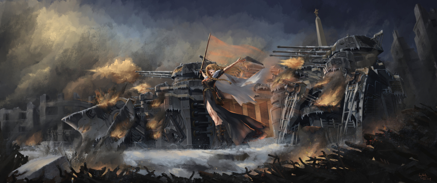 1girl absurdres azur_lane black_boots black_coat black_hat blood blood_on_arm blood_on_clothes blood_on_face blood_on_leg blood_stain blue_eyes boots braid breasts buttons coat double-breasted from_side full_body hat highres holding holding_sword holding_weapon large_breasts leather_bag long_hair medal obelisk open_mouth orange_hair original peaked_cap personification rigging ruins ship_turret smoke sn_h2o2 solo stalingrad_(battlecruiser) sword textless_version the_motherland_calls unworn_hat unworn_headwear variant_set weapon