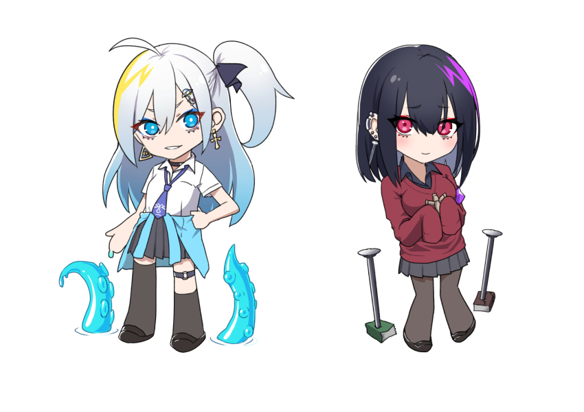 1girl 2girls ahoge black_hair black_pantyhose black_thighhighs blonde_hair blue_eyes blue_hair clothes_around_waist earrings eyebrows_hidden_by_hair grey_hair hair_between_eyes hair_ribbon ironatsuki jewelry long_hair looking_at_viewer multicolored_hair multiple_girls necktie open_mouth original pantyhose ponytail purple_hair red_eyes ribbon school_uniform shirt short_hair simple_background skirt smile sweater tentacles thighhighs white_background white_shirt