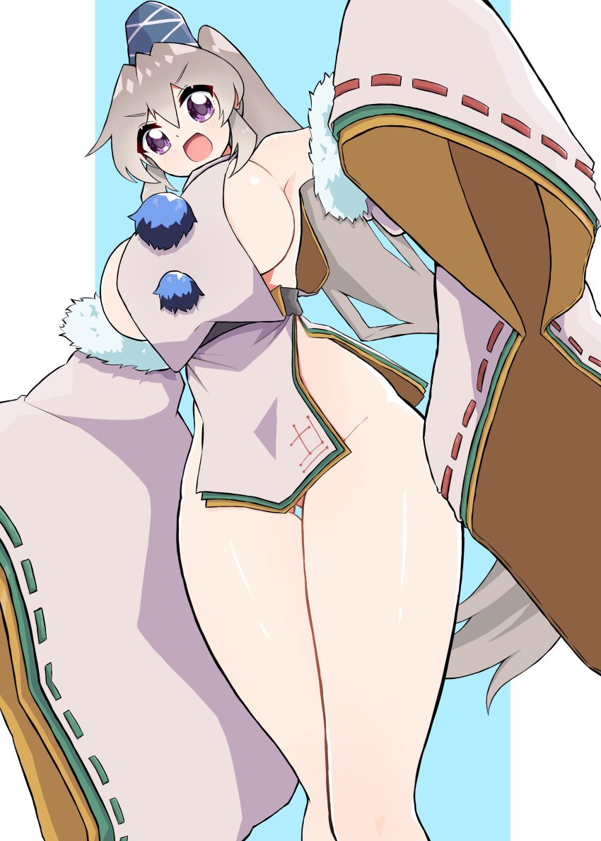 1girl :d absurdres alternate_breast_size alternate_eye_color armpits blue_background blue_hat breasts commentary_request curvy feet_out_of_frame gluteal_fold grey_hair grey_sleeves grey_tabard gurajio hair_between_eyes hat highres huge_breasts legs long_hair long_sleeves looking_at_viewer mononobe_no_futo naked_tabard open_mouth pom_pom_(clothes) purple_eyes ribbon-trimmed_sleeves ribbon_trim shiny_skin sideboob sleeves_past_fingers sleeves_past_wrists smile solo tabard tate_eboshi touhou two-tone_background v-shaped_eyebrows very_long_hair wide_hips wide_sleeves