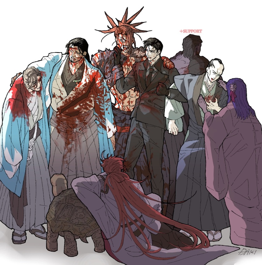 1girl 6+boys abs agravain_(fate) armor biceps black_armor black_gloves black_hair black_necktie black_pants black_suit blood blood_on_clothes blood_on_face blood_on_hands brown_hair fate/grand_order fate_(series) formal_clothes full_body gloves grey_shirt hair_ornament hair_over_one_eye hair_pulled_back hair_ribbon haori igote japanese_clothes kasuga_no_tsubone_(fate) kimono knights_of_the_round_table_(fate) long_hair long_sleeves matsudaira_nobutsuna_(fate) multiple_boys muscular muscular_male necktie pants parvati_(fate) purple_hair red_hair ribbon serizawa_kamo_(fate) shinsengumi shirt short_hair signature simple_background sitting spiked_hair suit syuugou_11 takasugi_shinsaku_(fate) takechi_zuizan_(fate) tanaka_shinbei_(fate) turtle very_long_hair white_background wide_sleeves yamanami_keisuke_(fate)